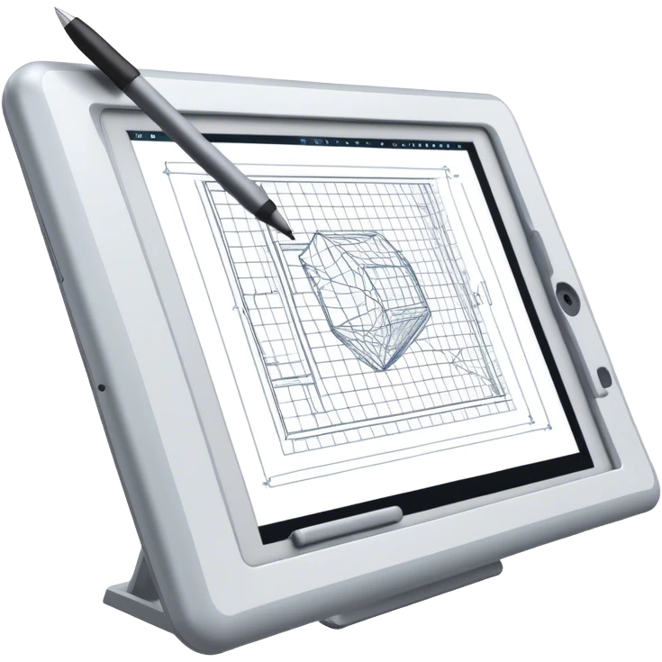Create an emoji for 3D visualization and modeling. Show wireframe model that pops out from the screen of a large graphic tablet with a stylus drawing in a 3D modeling program. Use modern, professional colors. Do not include any emojis or smiley faces. Make the background transparent. emoji