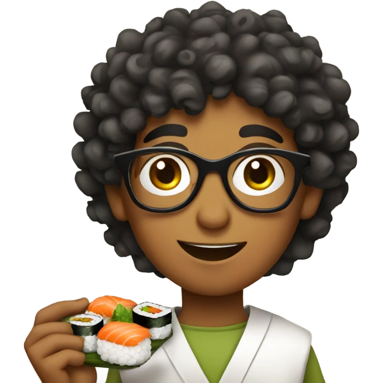 curly short haired indian boy with glasses eating sushi emoji