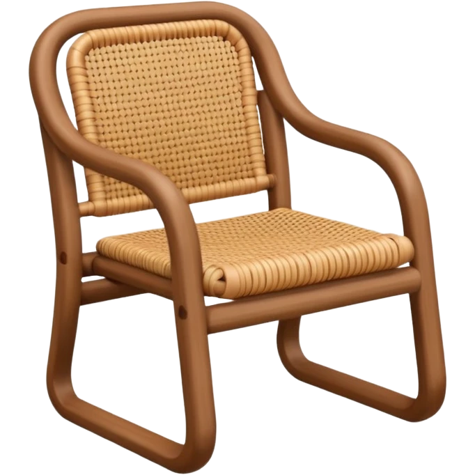 A 3D cartoon wooden chair with woven rattan seat, clean composition, bright background, Memoji-style rendering. emoji