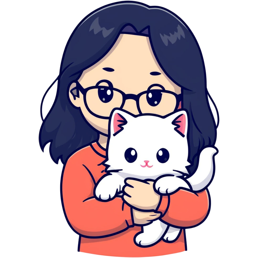 Beautiful girl with long black hair and glasses holding a white kitten emoji