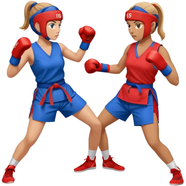 two women sparring, one in blue and one in red emoji
