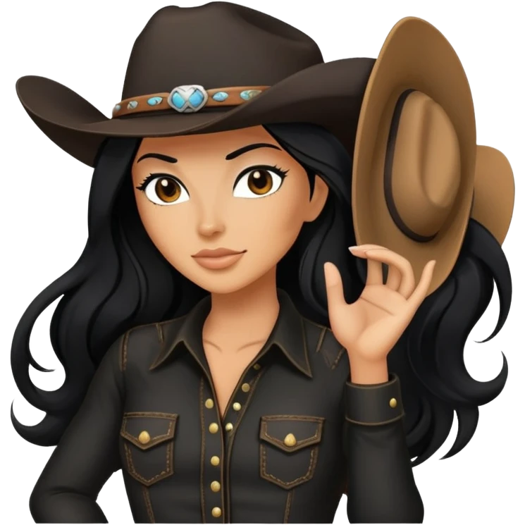 hot tanned woman with long black hair cowgirl style wearing black outfit emoji