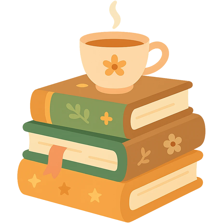 A cute stack of books with a cozy and magical vibe, each book bound in soft, harmonious colors: golden orange (FA9B41), forest green (4A7C5C), warm taupe brown (96775A), and pastel peach (FFCC9A). The books are slightly worn with rounded corners and decorative covers featuring tiny stars, floral motifs, or whimsical patterns. A ribbon bookmark peeks out from one, and a small cup of tea or magical trinket rests on top of the stack. The lighting is warm and gentle, with a dreamy, storybook feel. The overall scene feels inviting, charming, and gently enchanted emoji
