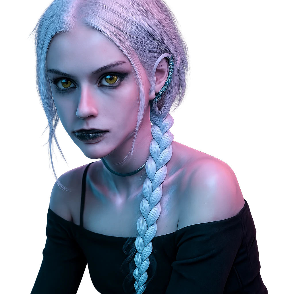 closeup portrait of young woman with gold yellow eyes, white hair in a long braid, black off-shoulder top, punk gothic style, futuristic cyberwave, sitting position emoji