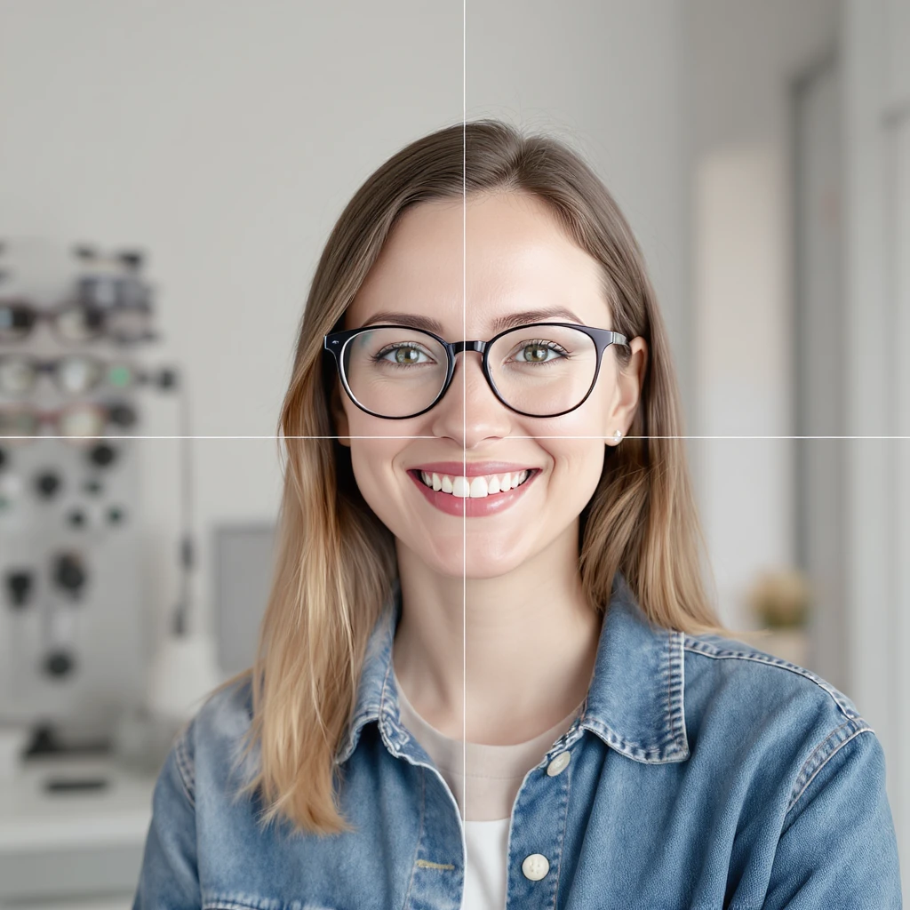 TV Advertising of a smiling woman with glasses smiling, minimalistic ophthalmologist interior in background, leading  lines, rule of thirds emoji
