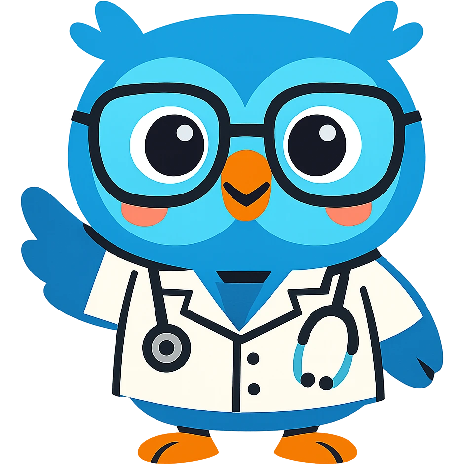 blue baby owl animated, wearing doctor uniform, vibrant and modern style emoji