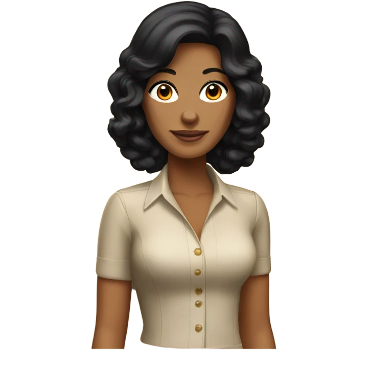 Tanned woman with black hair wearing 1970s style outfit and hair emoji