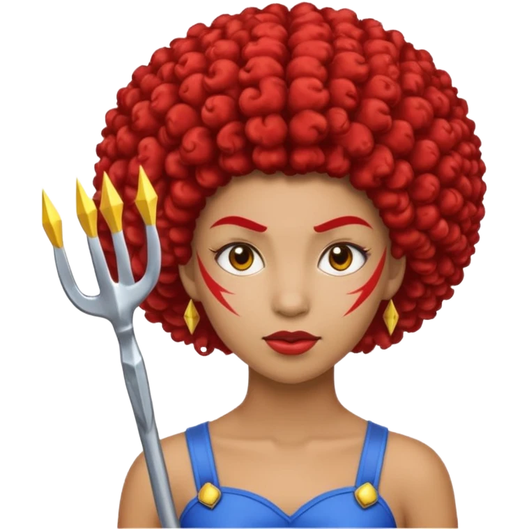 Emoji metisse femboy avec drapeau ukrainien arriere plan, un afro, sourcils rouge, fourche trident, et eclairs emoji