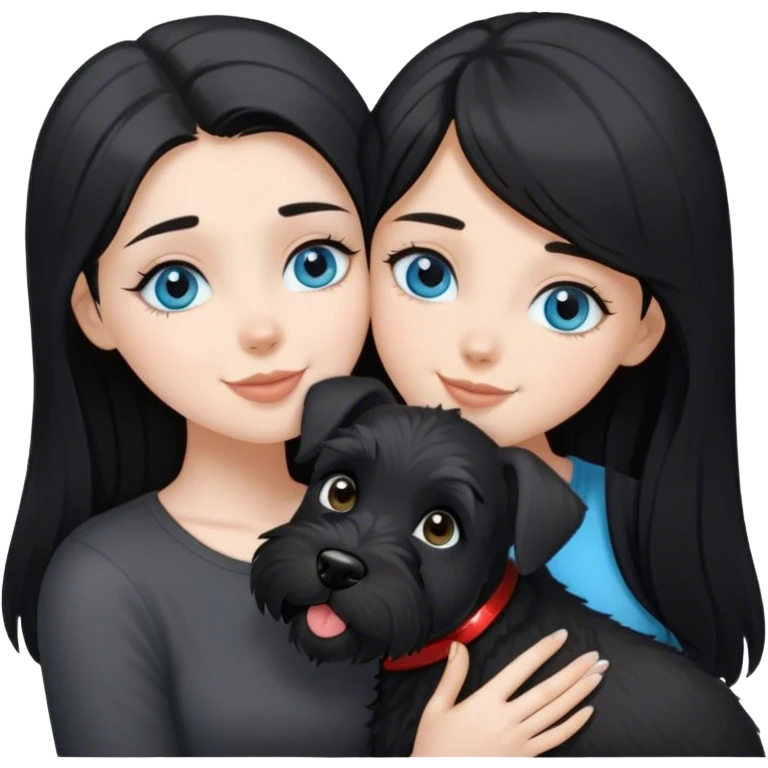 pale girl with light blue eyes and long black hair wearing black shirt kissing schnauzer smiling black schnauzer  emoji
