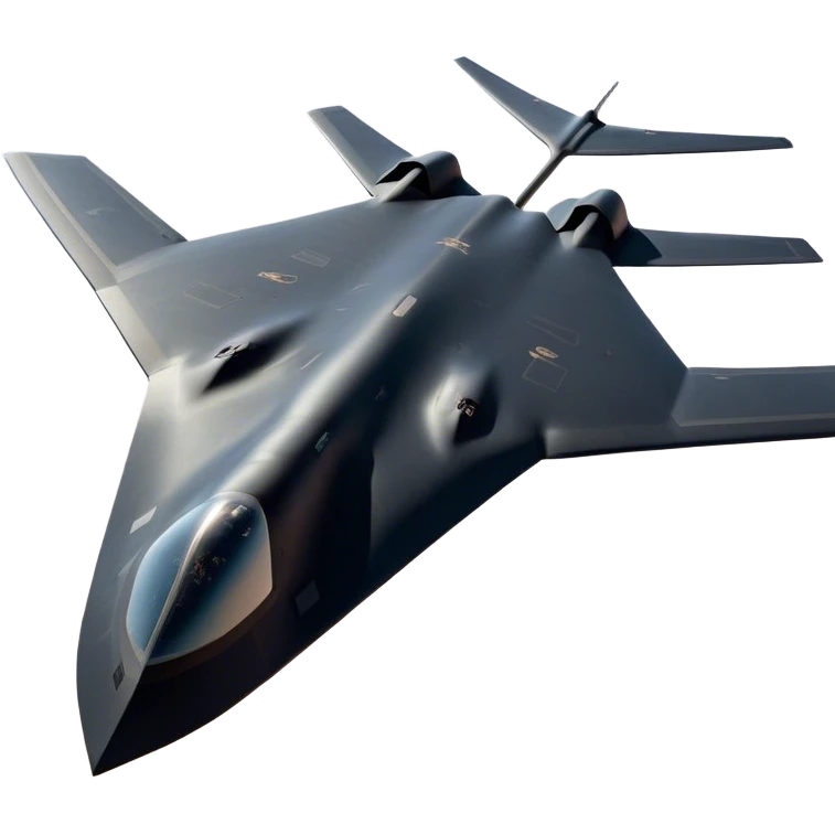 B-2 Spirit bomber - Northrop B-2 (Model Year: 2021) (Iconic colour: Stealth black) - A sleek, stealth bomber with smooth, angular contours and a matte jet-black finish. Emphasize a futuristic, minimalist design with a seamless fuselage, low-profile wings, and an overall intimidating stealth aesthetic. emoji