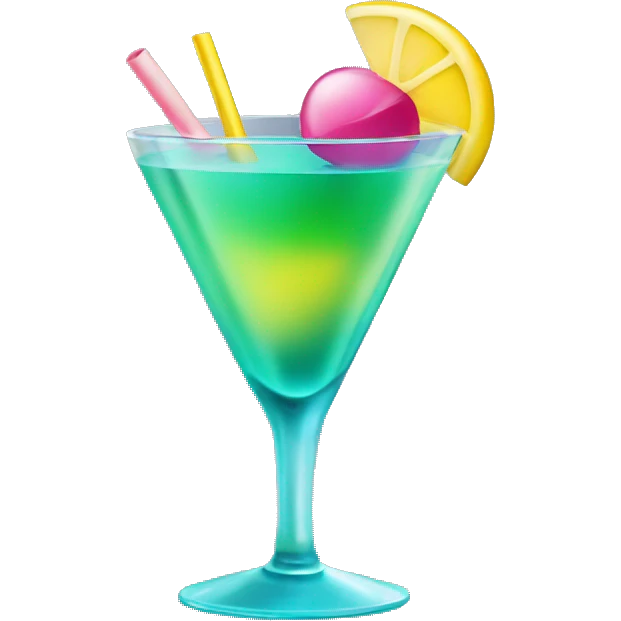 Bluish green cocktail with pink and yellow emoji