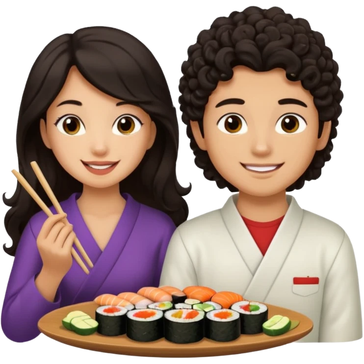 czarnowłosa ksieżniczka w dlugich wlosach je sushi z chłopakiem o czarno brązowych kręconych włosach i są zadowoleni emoji