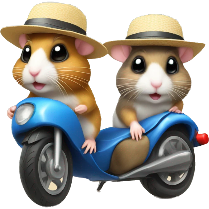 Two hamsters wearing swim shorts and sun hats driving by motorbike on the beach emoji