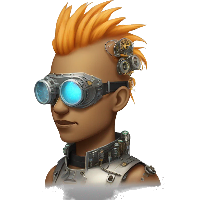 Light orange Mohawk hair make cyborg head with silver steampunk goggles and circuits emoji