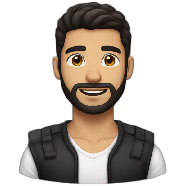 25 year old Hispanic man with a beard and thick eyebrows light skin, black shirt and side fades and a comb over with very dark brown eyes emoji
