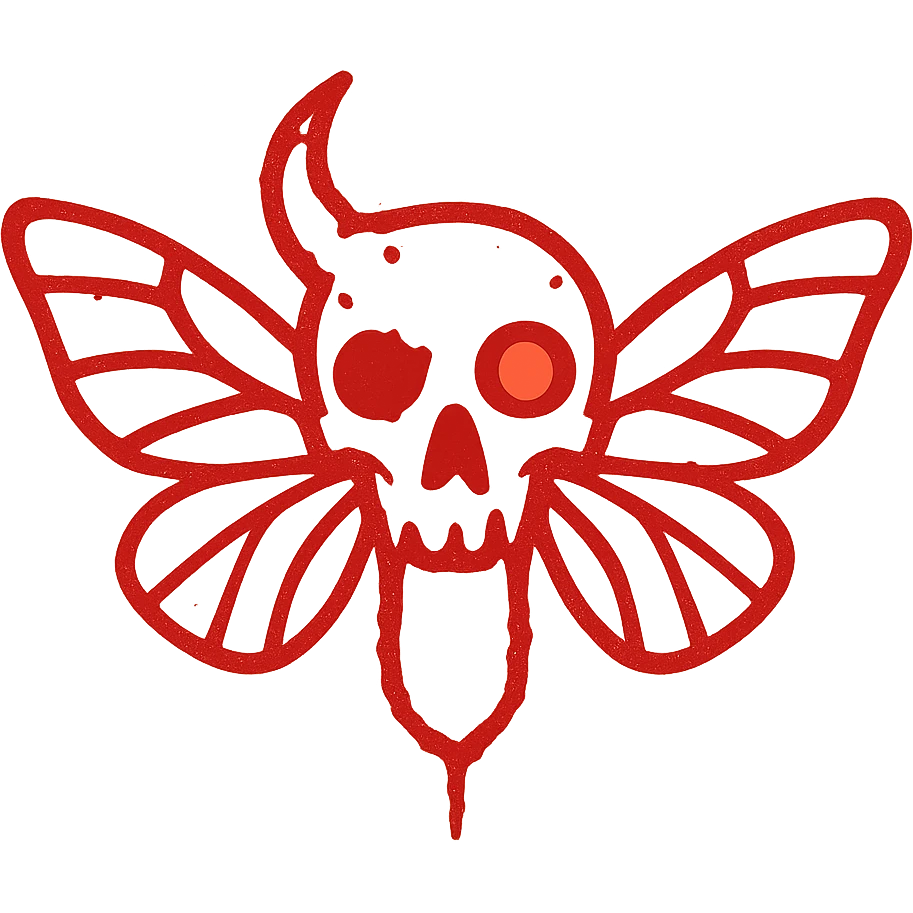 maximum horror: an extremely minimalist red line art of a single fused minotaur-stoat skull with broken horn and one glowing eye, with moth wings, completely hollow/transparent middle, severe deterioration around edges, 100% red color only, sparse horrifying thin lines, most of perimeter missing, like ancient blood sigil emoji