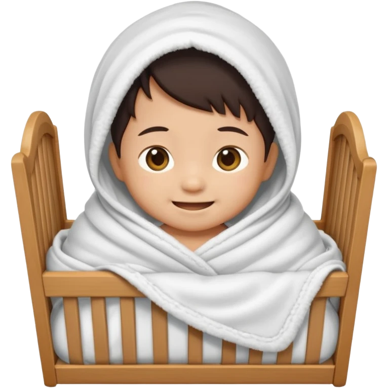 smiling Asian infant wrapped in a blanket, wooden crib, emoji style emoji
