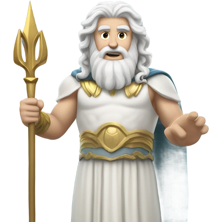 white man Poseidon with gold trident. long white hair white dress. driver emoji