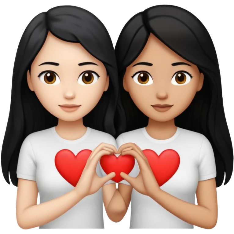 Dos mujeres juntas que una sea de color trigueña y de color blanca, cabello largo negro sea la de piel blanca y la de piel trigueña cabello castaño raya en medio, tengan polo blanco, que haga  una con su mano formando un corazon emoji
