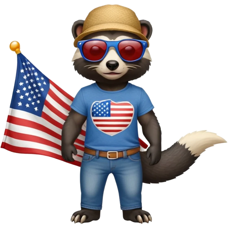 friendly anthropomorphised honey badger in jeans and a t-shirt, wearing sunglasses, dressed for USA Independence Day with red, white, and blue clothing emoji