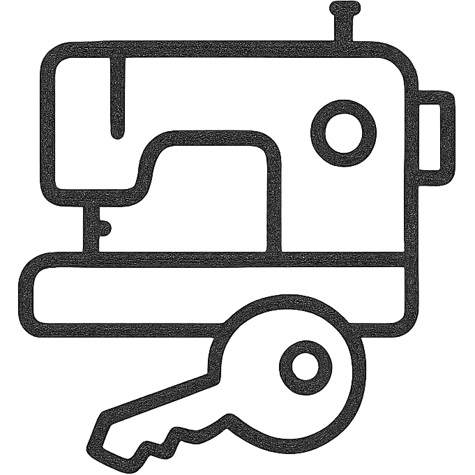 Google Material Design icon for 'Equipment Rental' showing a simple sewing machine with a key icon emoji