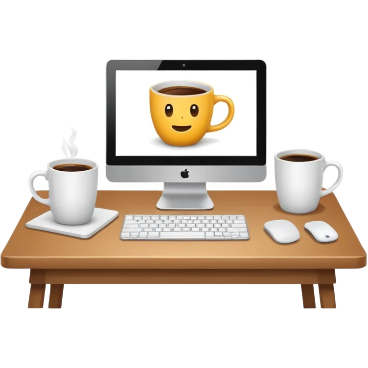 Computer screen on a desk next to a single coffee mug emoji
