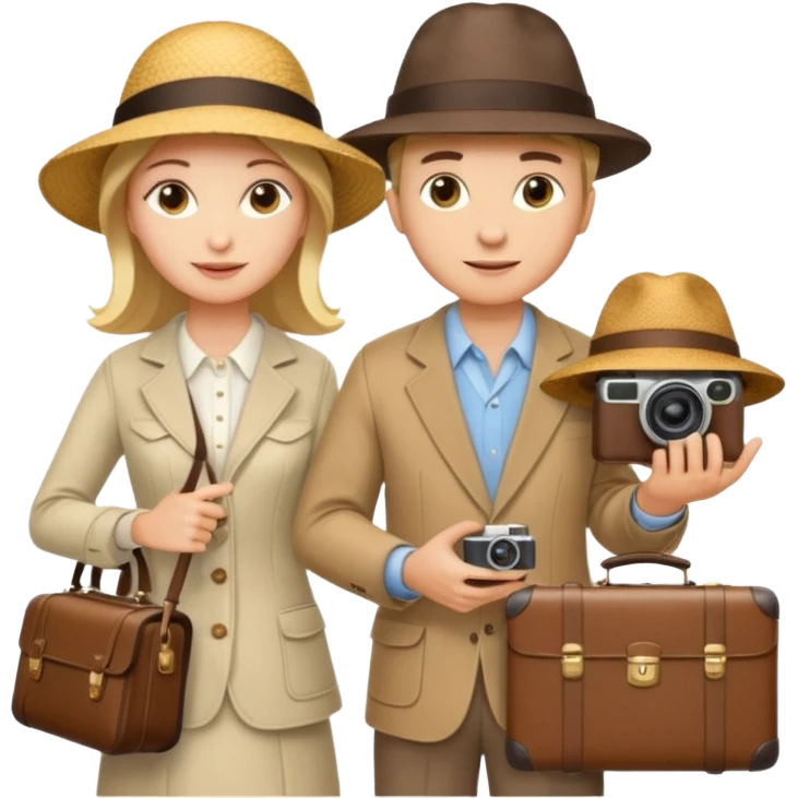 Девушка и мужчина в аэропорту с чемоданами. Девушка в шляпе для отпуска, с фотоаппаратом в руке и сумкой дамской emoji