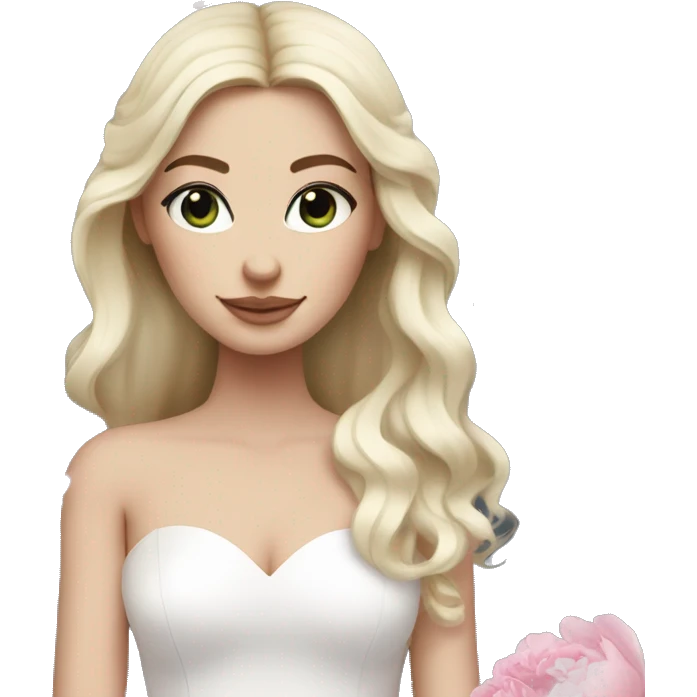 White bride with long light blonde hair and blue eyes with light pink peonies in hair white skin  emoji