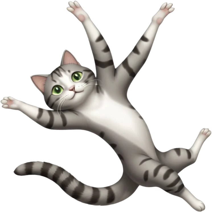 grey and white cat with green eyes doing a big extremely long stretch reaching up into the air with arms and legs side by side together straight and overextended whilst lying on its side emoji
