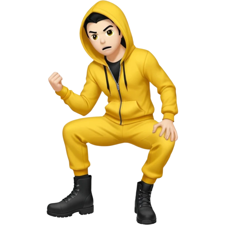 Invincible from the show invincible but whering a yellow hoodie and the mouth covered whering black pants and black boots emoji