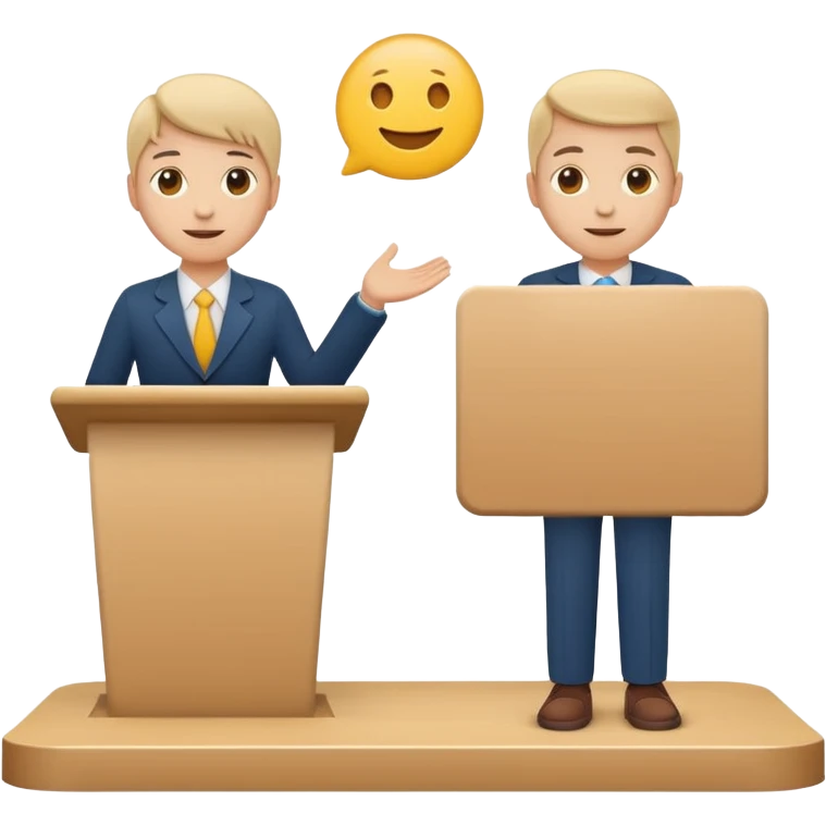 Minimal startup-style emoji icon of a person presenting behind a podium, flat vector illustration, friendly proportions, simple lines, modern SaaS pitch deck style, white background emoji