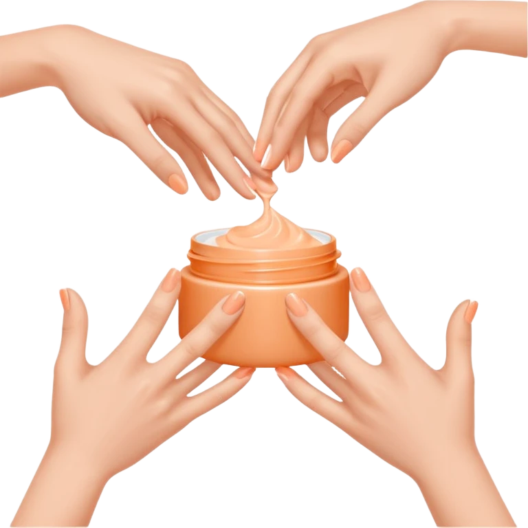 Minimal emoji of 2 hands gently applying skincare cream, soft nude and peach tones, clean beauty aesthetic, calm and elegant, subtle glow emoji