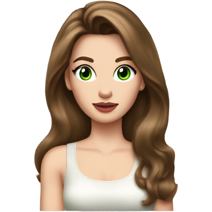 Gorgeous woman, with chestnut brown hair, her hair are a 90s voluminous very long blowout with curtain bangs, she has very green eyes and a white pale skin, she has pink lipstick on and long lashes, she wears a white tank top and  gold earrings emoji