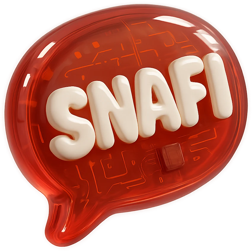 bold red emoji face bubble with the word SNAFI in white bubble font, text emoji style, glossy shine emoji