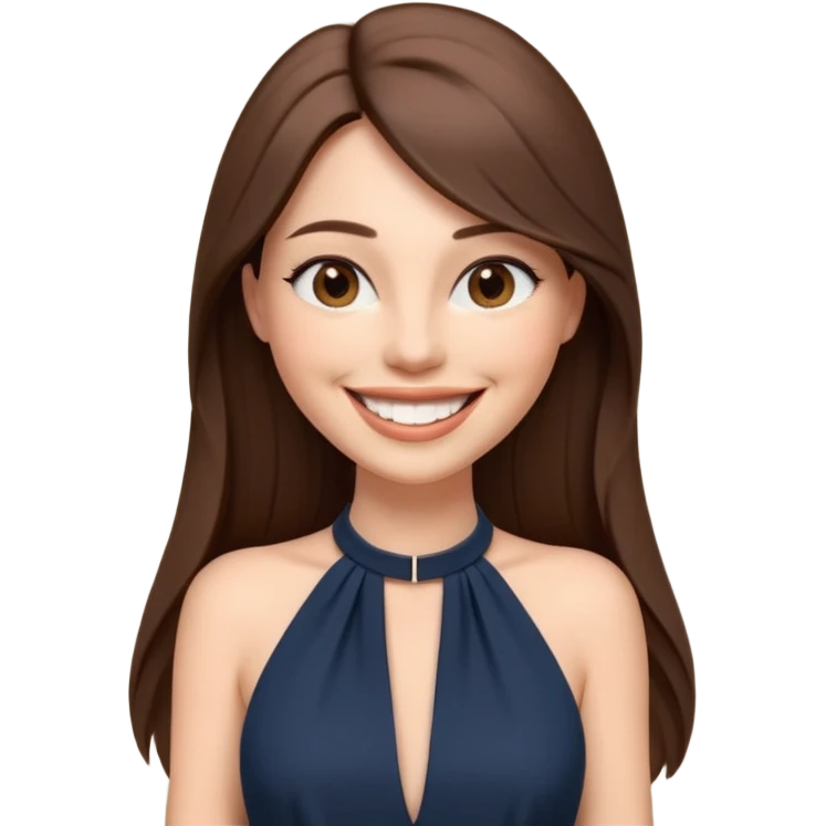 emoji-style illustration of a stylish pretty big smile woman with long straight brown hair, wearing a dark halter neck dress, elegant and chic slayed look, front-facing, soft 3D cartoon rendering, plain background emoji