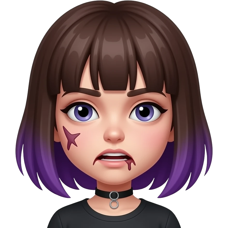 faça uma imagina com uma menina Zombi com o cabelo castanho escuro que tem uma franja meio grande e atrás do cabelo colorido de roxo emoji