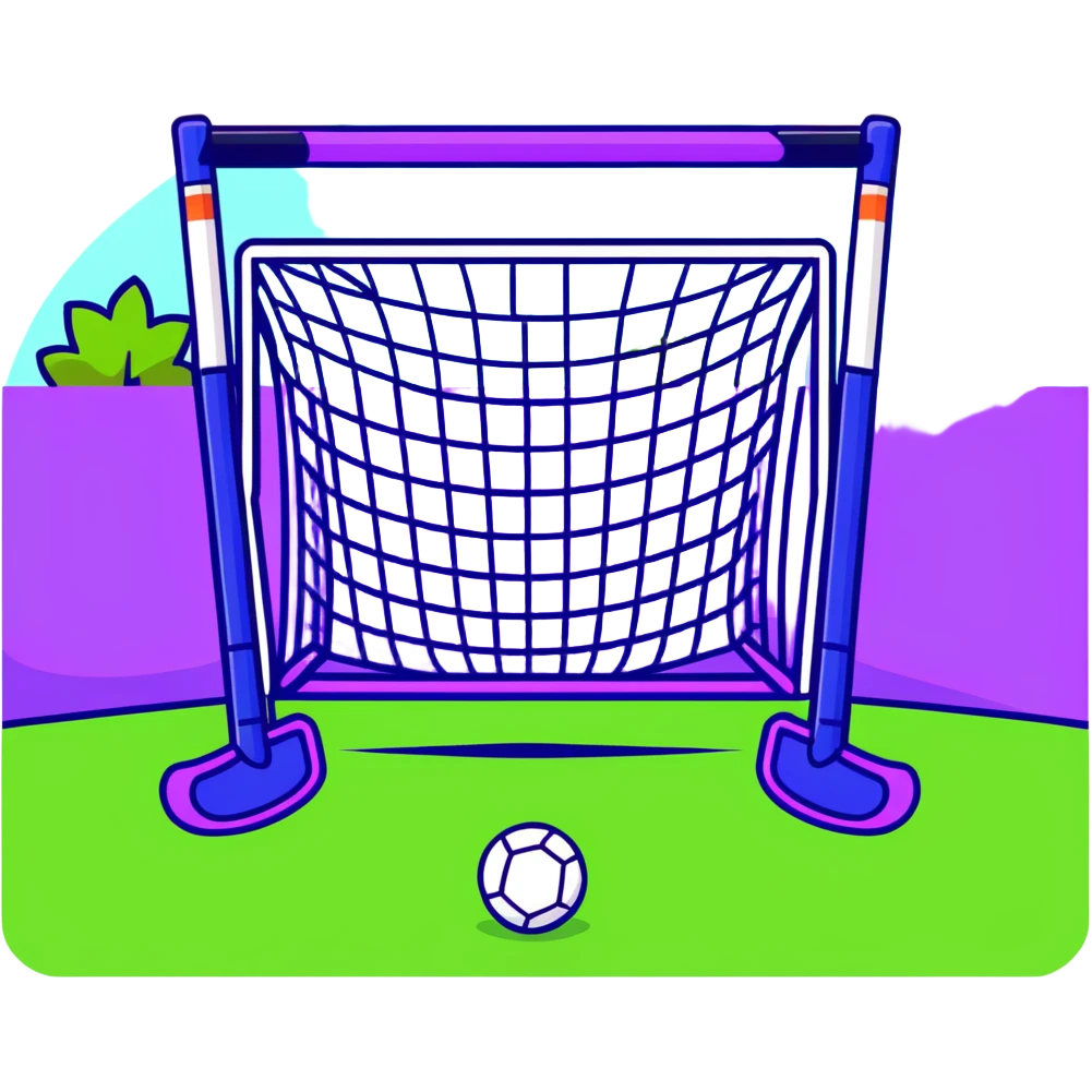 field hockey stick and ball on vibrant green grass field with goalposts emoji