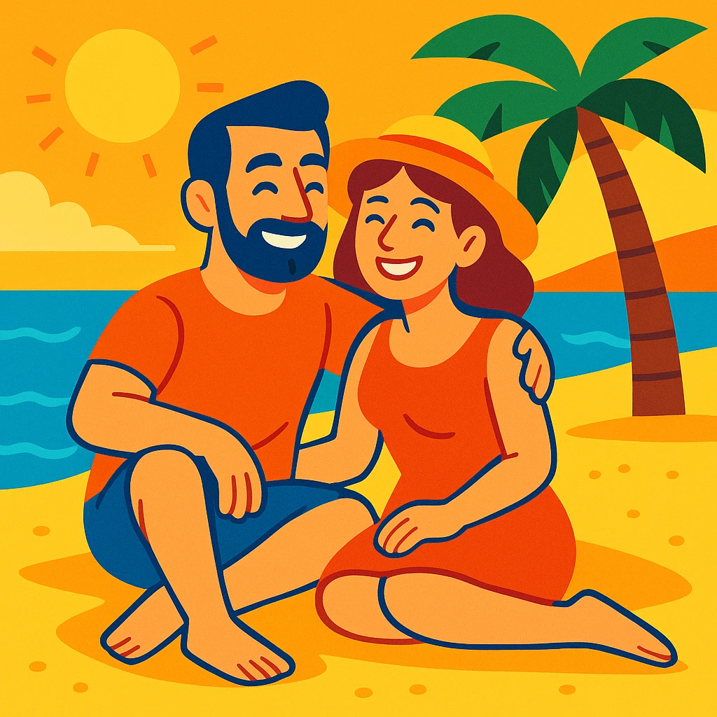husband and wife sitting together on a sunny beach in Spain, relaxed and happy, with the sea and sand in the background, vibrant colors emoji