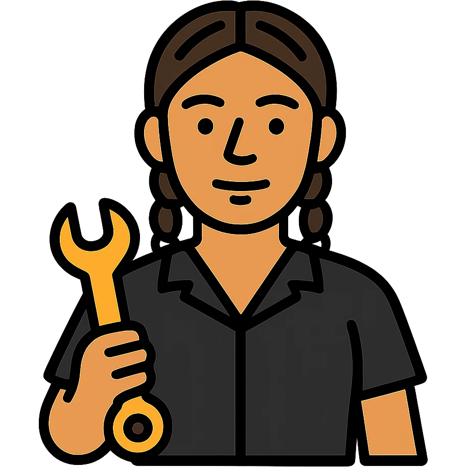 A 40-year-old Latina woman with light brown skin, two braids pulled back, dressed in all black mechanic scrubs, working as an auto mechanic emoji