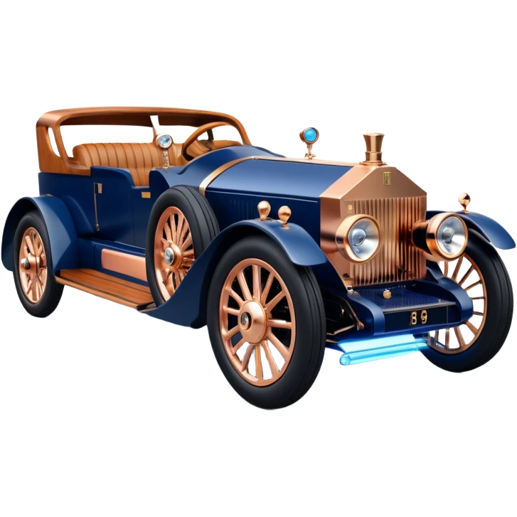 dark blue led lights on a hot rodded delicately inlaid rose gold and wood accentuated a chauffeur driven 1889 Rolls Royce futuristic electric plasma motors and dynamos with wide racing wheels that are strong agility advanced suspension and steering emoji