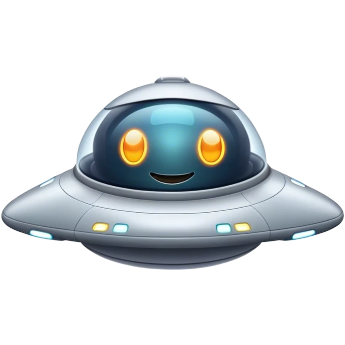 Design a simple, friendly spaceship with a smooth, rounded shape. Add a clear 'face' on the front using glowing lights for eyes and a curved line for a smile, giving it personality. Use a plain background to keep the focus on the ship emoji