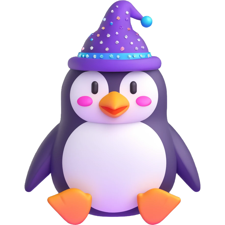 3D emoji-style penguin wizard with a purple hat and sparkles around it emoji