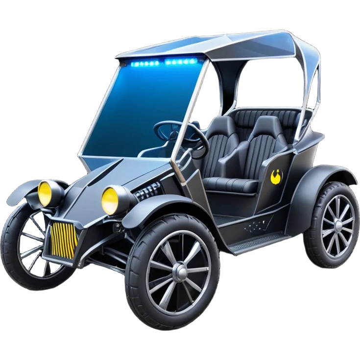 Mad max survival apocalypse ghostly sporty antique electric Darth Vader’s Batman-armored 1876 black graphite colored enclosed twin seat town buggy with horizontal holographic 3d stars painted on the body sides and neon under glow  emoji