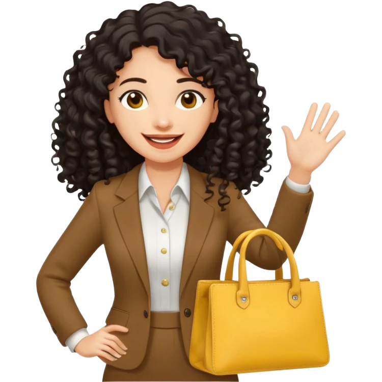 medium deep tan brown business woman with long black curly hair, waving hand with happy face with smile mouth and carrying bag on her shoulder and the other hand holding yellow stanley tumblr emoji