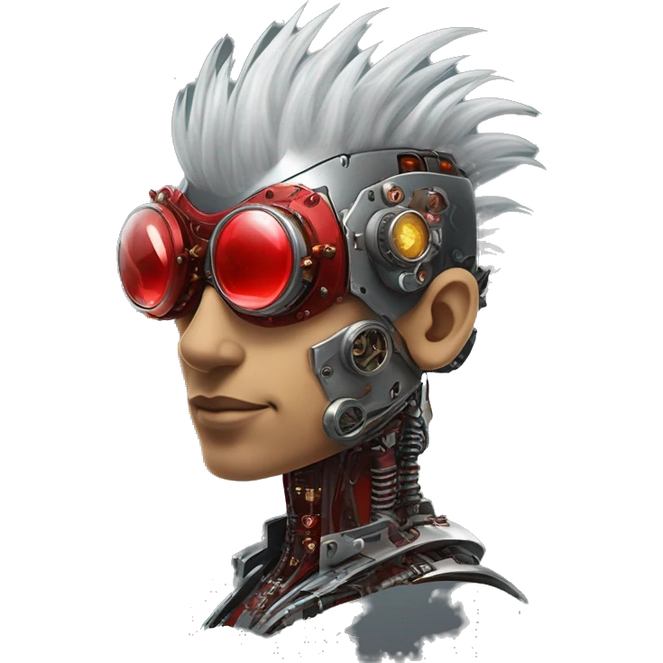 cyborg head with Silver mohawk, red steampunk goggles, red goatee and circuits emoji