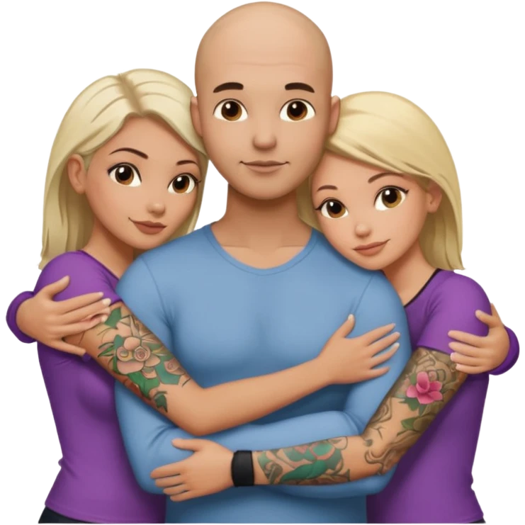throuple tattooed sleeves bbald male with topless naked big boobed brunette and topless naked big boobed blonde girlfriends  loving  and sexy polygamy emoji