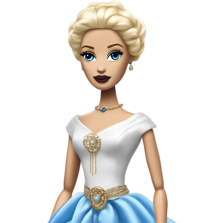 Tall realistic face teen blond Morticia Addams’s in as Princess Leia Barbie in ruffled pearl-white and blue informal ball gown with gold accents and accessories  emoji