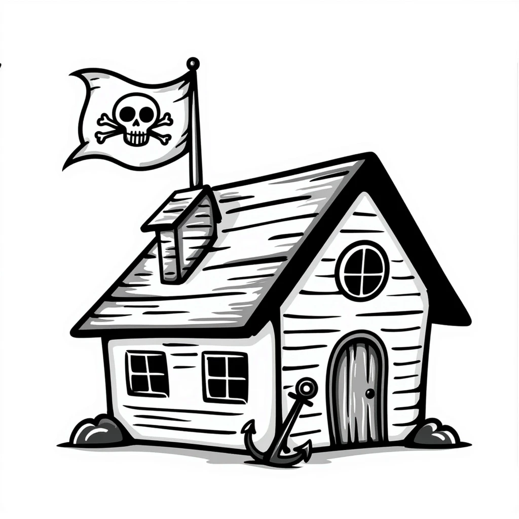 old pirate's house with skull flag emoji