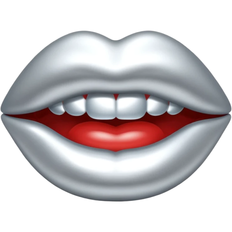 Chrome silver lips emoji, glossy metallic texture, iOS emoji style, smooth reflections, bold but minimal design, centered, silver mouth. all silver emoji