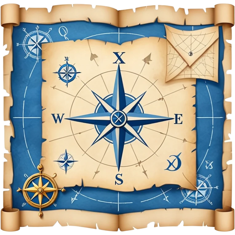 blue blueprint with white lines and treasure map elements including X mark, dotted path, compass rose emoji